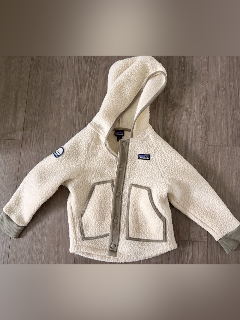 Patagonia Kids Cream Sherpa Hoodie with Olive Trim